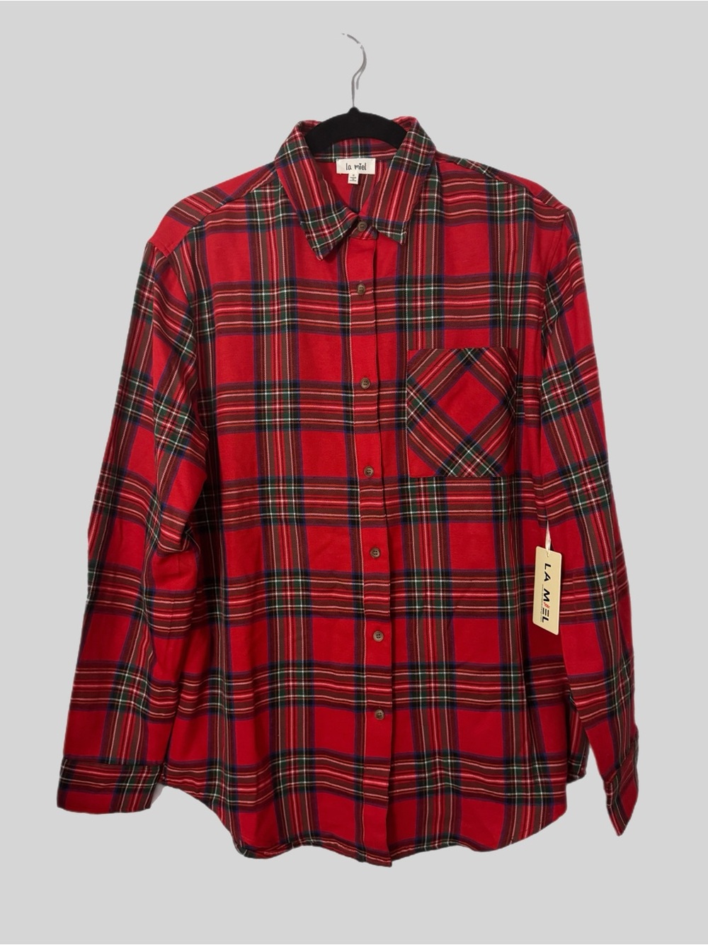 La Miel Plaid Oversized Shirt Red Button Front Long Sleeve Womens Small New - Picture 5 of 10